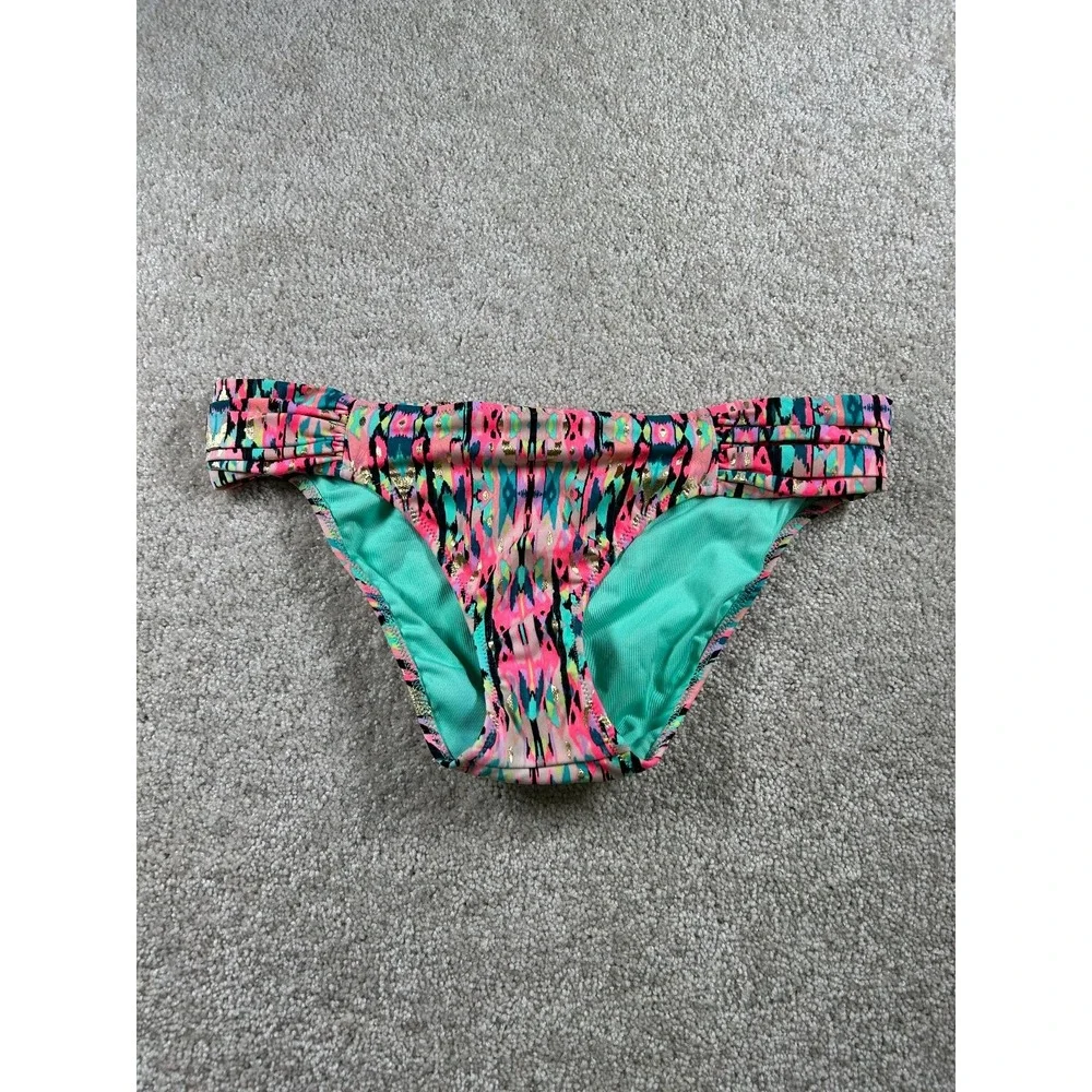 Shade & Shore Women's Swimwear Bottom S Pink Multi Color Gold Detail‎